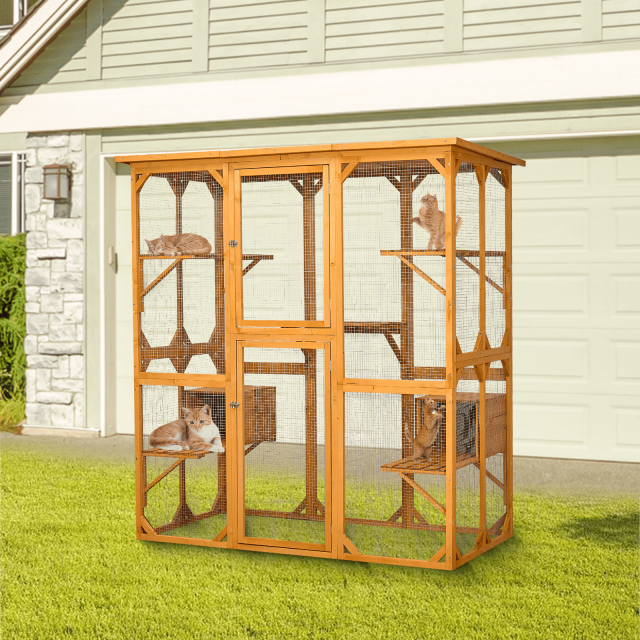 Gracie Oaks Outdoor Cat Enclosure with Roof 72" Height Cat Wooden House Large Cat Catio
