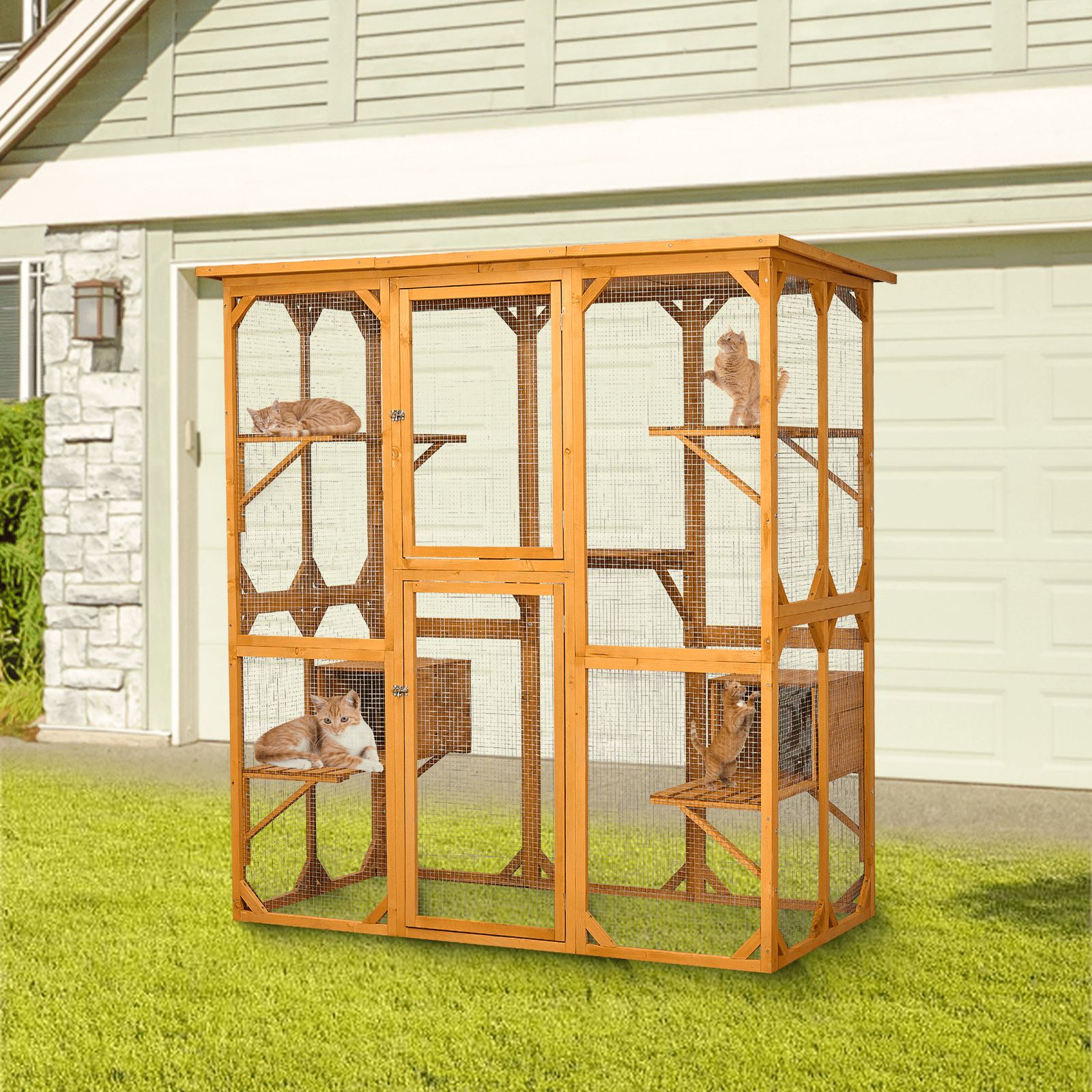 Yellow Wooden Outdoor Cat Enclosure with Roof and Platforms