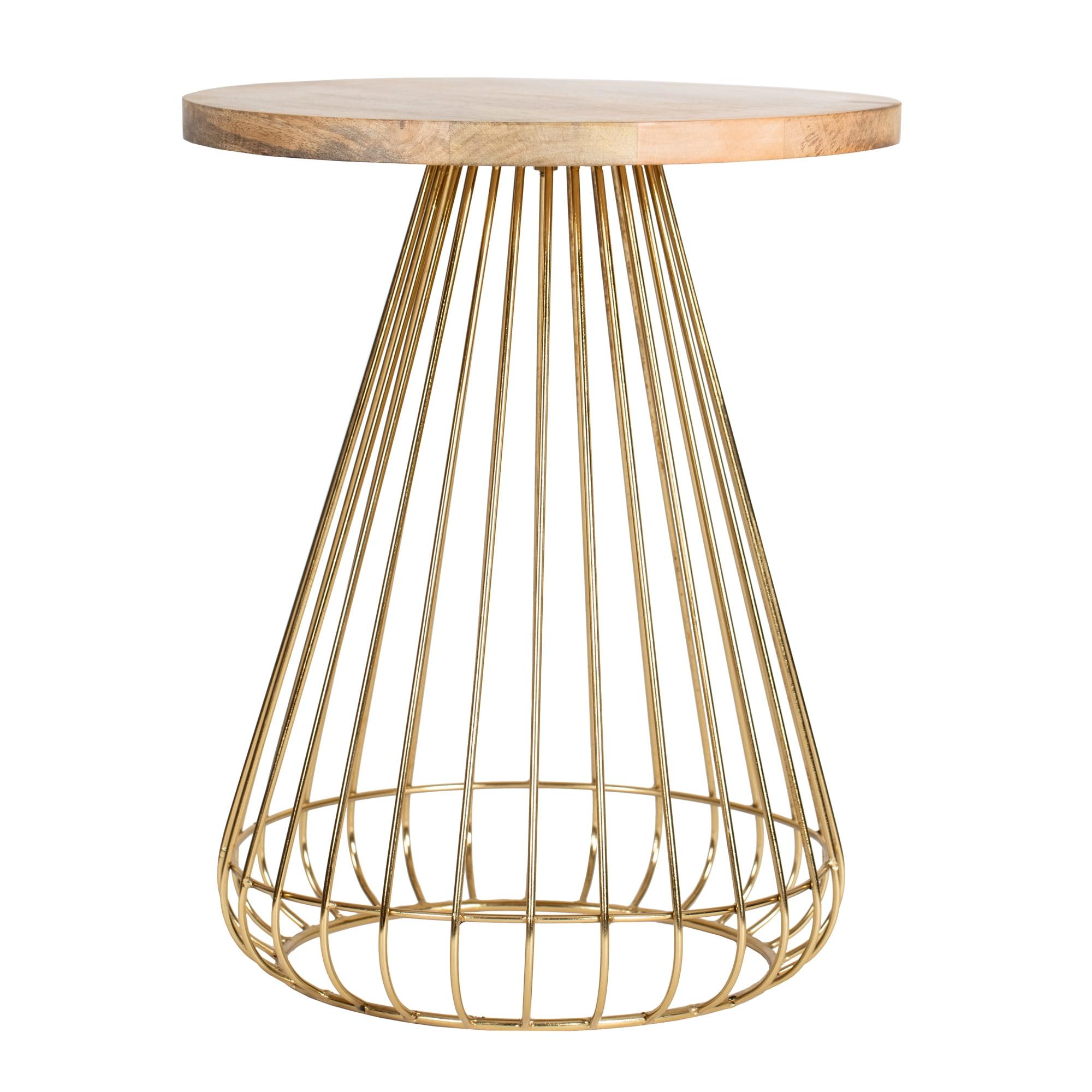 Opulent Round 20" Gold and Natural Wood Side Table