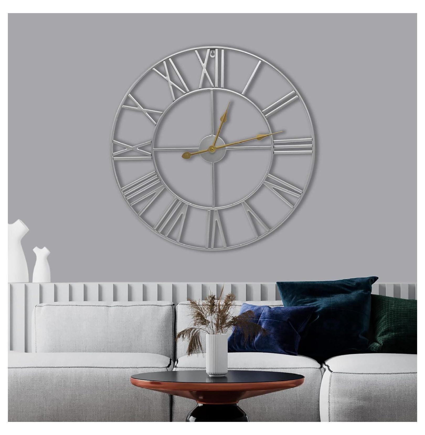 Oversized Silver Metal Roman Numeral Wall Clock