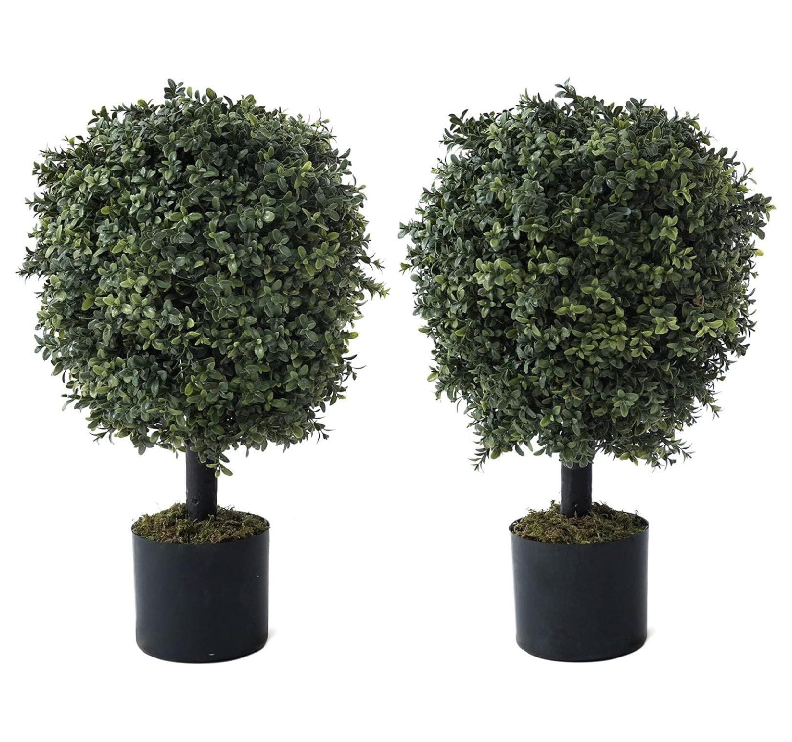 JepoIA Artificial Boxwood Topiary Tree Set of 2, Artificial UV Resistant Bushes, Faux Potted Tree, Plant in Pot w/Dried Moss, Fake Shrubs for Indoor, Front Porch, Outdoor, w/Orange Flower