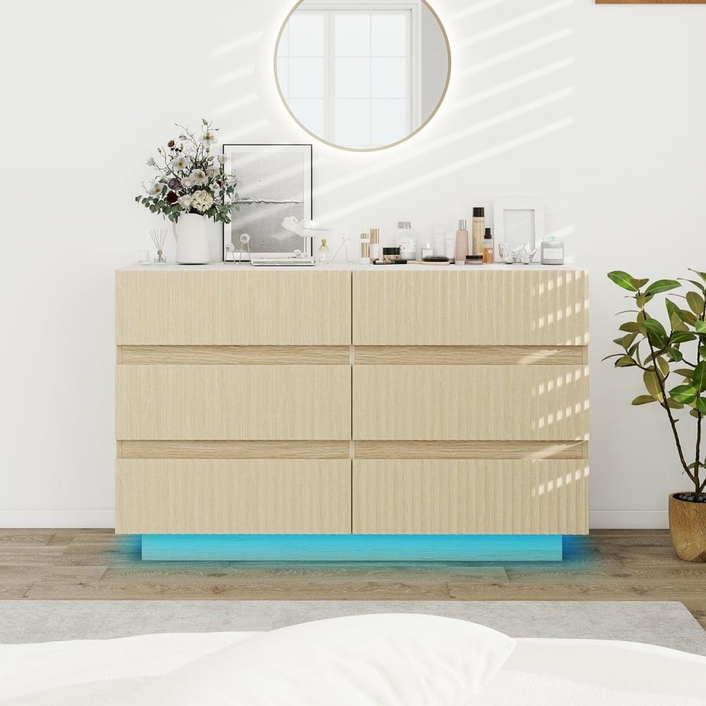 47.24 Inch  6 Drawer Dresser, Double Drawer Chest, Modern Drawer Chest With Led, Drawer Organizer Beige