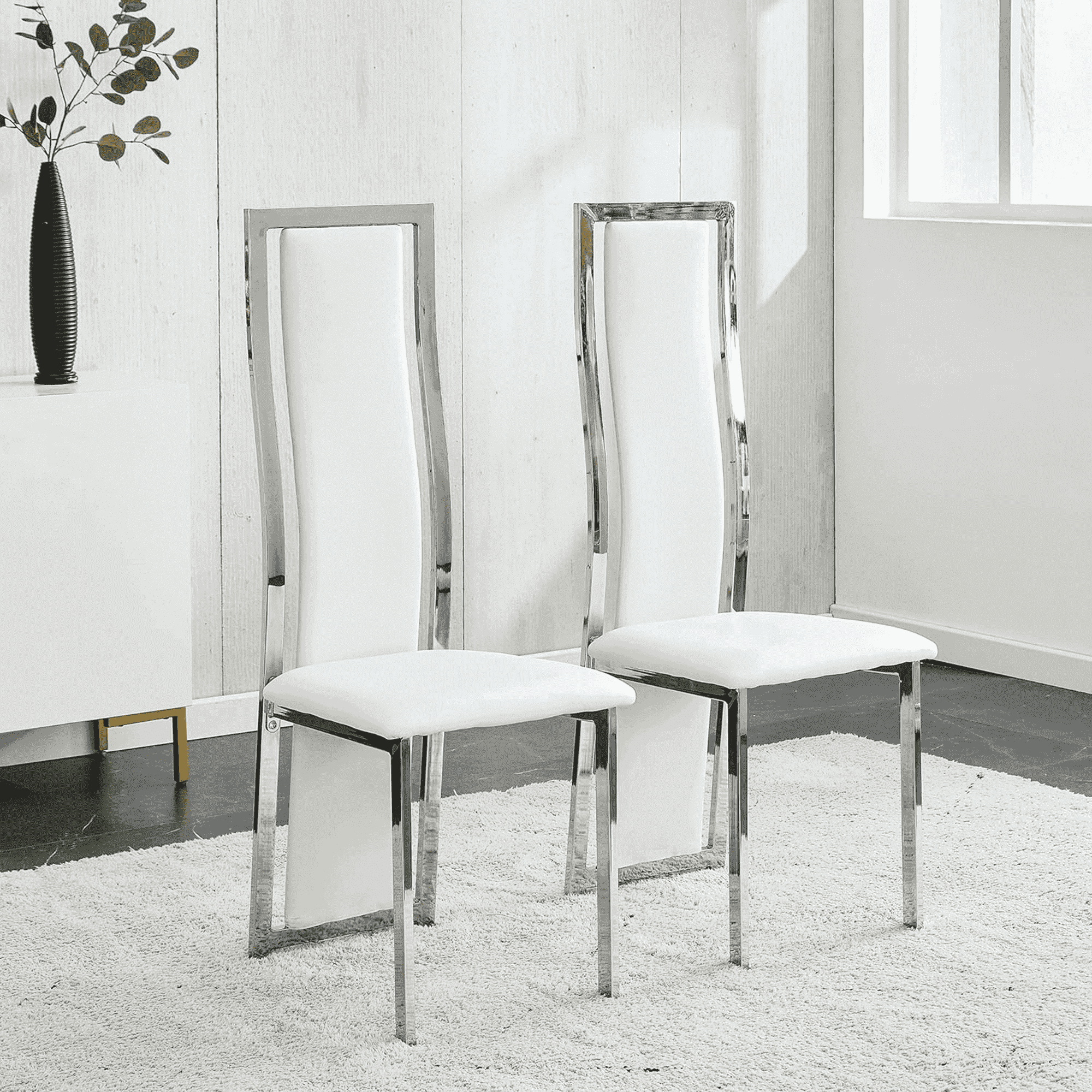 MIFI White Velvet Dining Chairs Set of 2, High-back , Kitchen & Dining Room Chairs , Sillas De Comedor ,Fabric Upholstered, Silver Chrome Metal Legs (White, 2 Pcs)