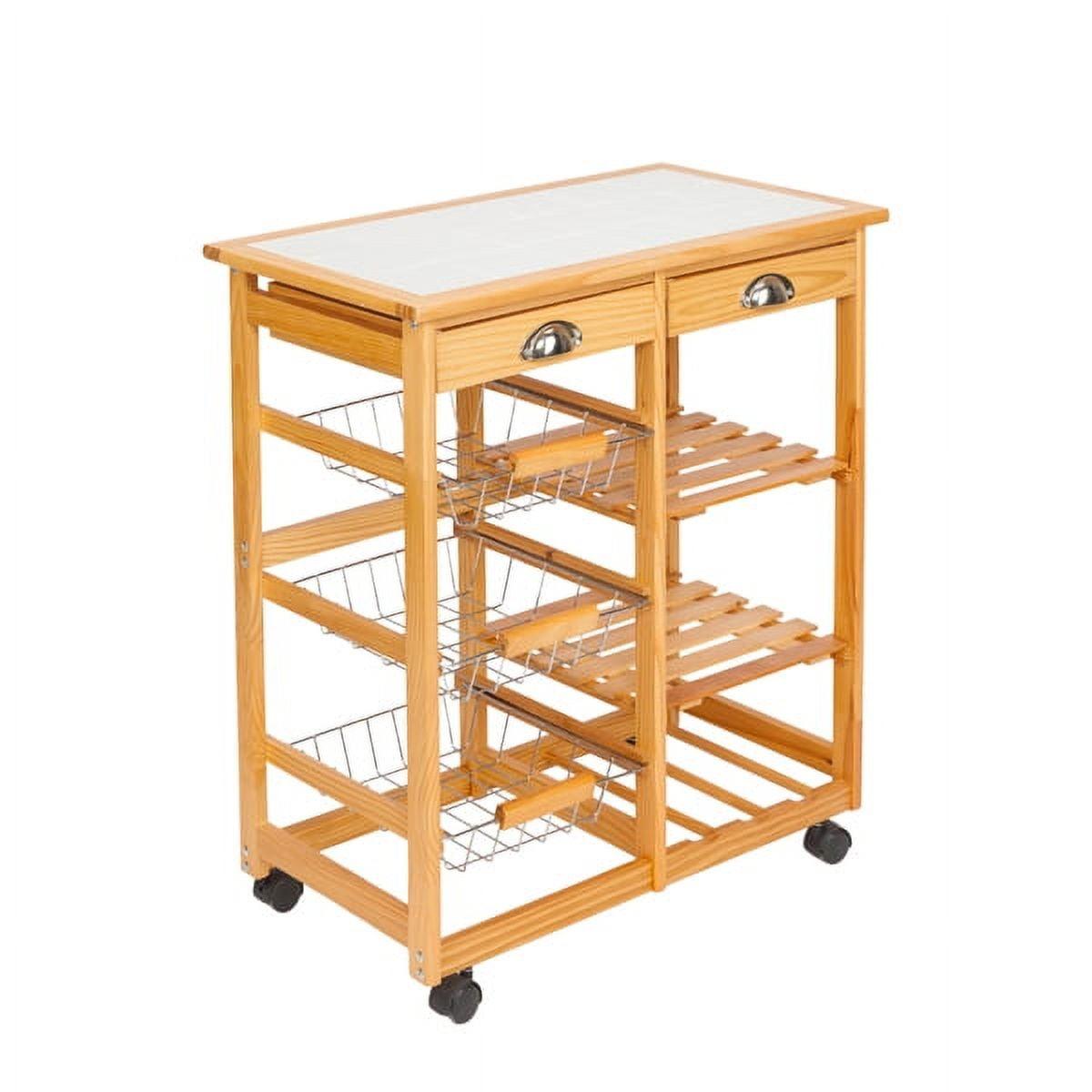 Natural Pine Wood Rolling Kitchen Cart with Wine Rack