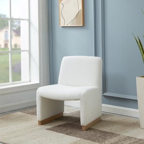 White Chenille Upholstered Armless Slipper Chair with Wood Base