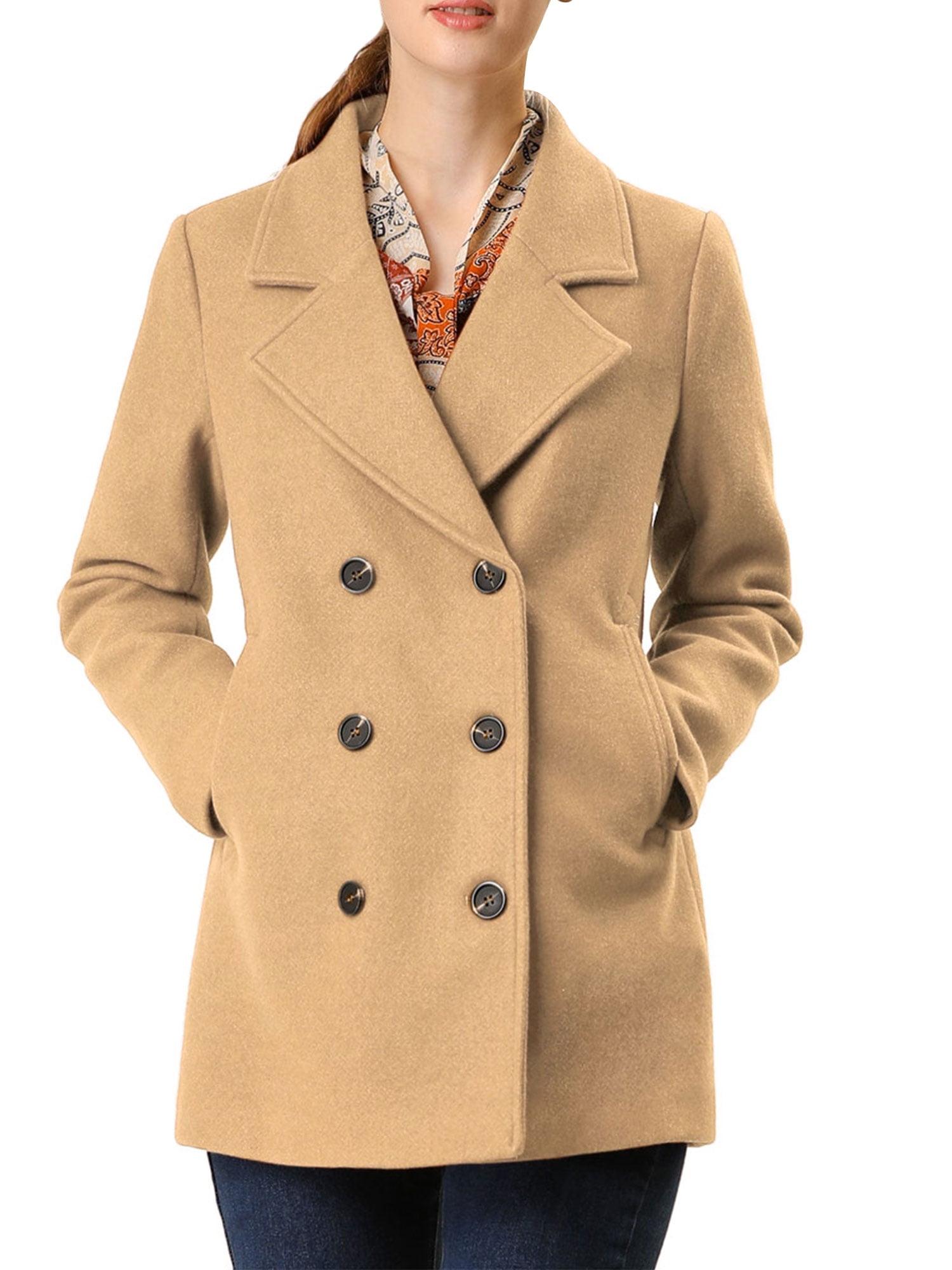Allegra K Women's Long Sleeves Double Breasted Button Winter Outerwear Pea Coat Camel X-Large
