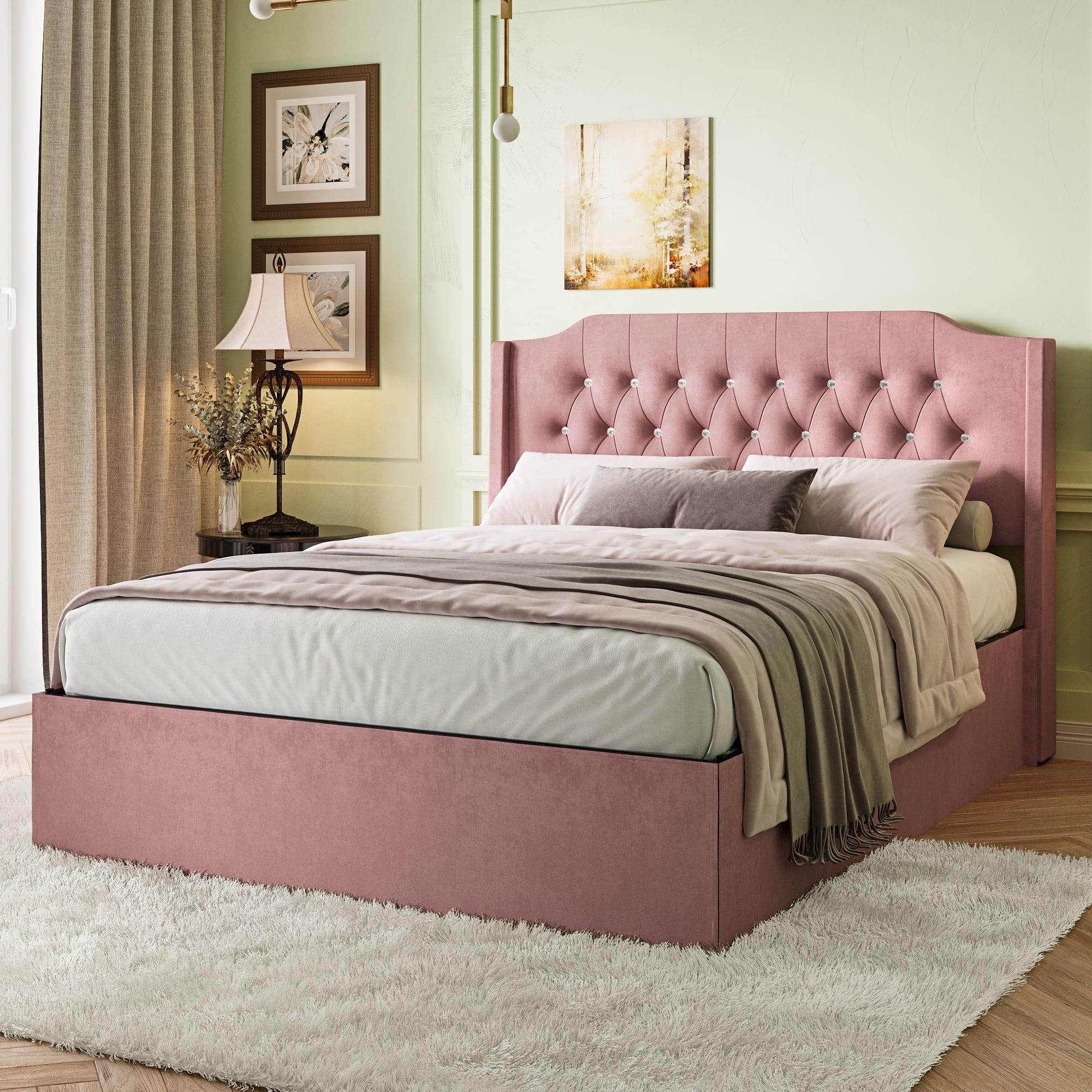 MODERNLUXE Queen Size Bed Frame,Tufted Upholstered Platform Bed with Wingback Headboard, Crystal Button and Wooden Slats Support,Pink