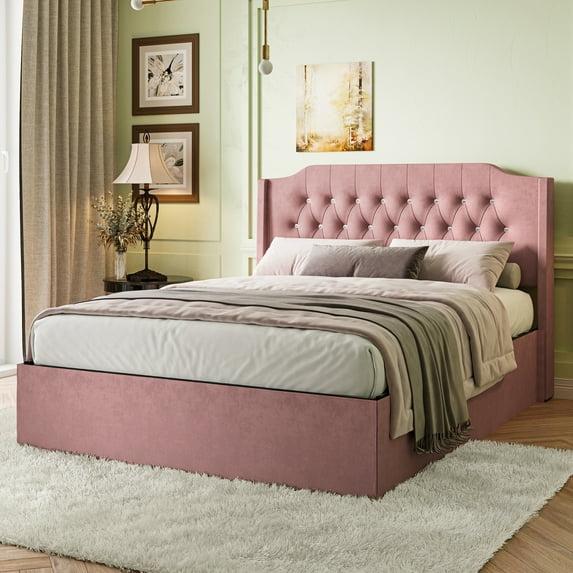 MODERNLUXE Queen Size Bed Frame,Tufted Upholstered Platform Bed with Wingback Headboard, Crystal Button and Wooden Slats Support,Pink