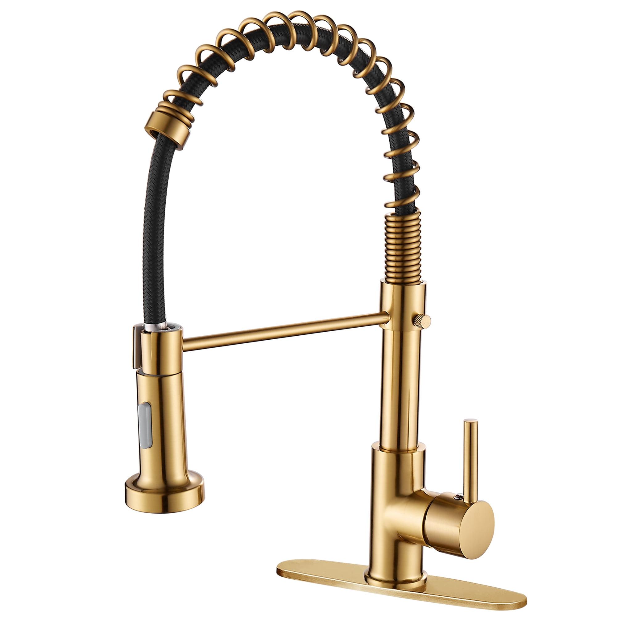 MOGFCT Kitchen Faucet Spring Pull Down Single Handle Brass Deck Mounted Kitchen Sink Faucets (Brushed Gold)