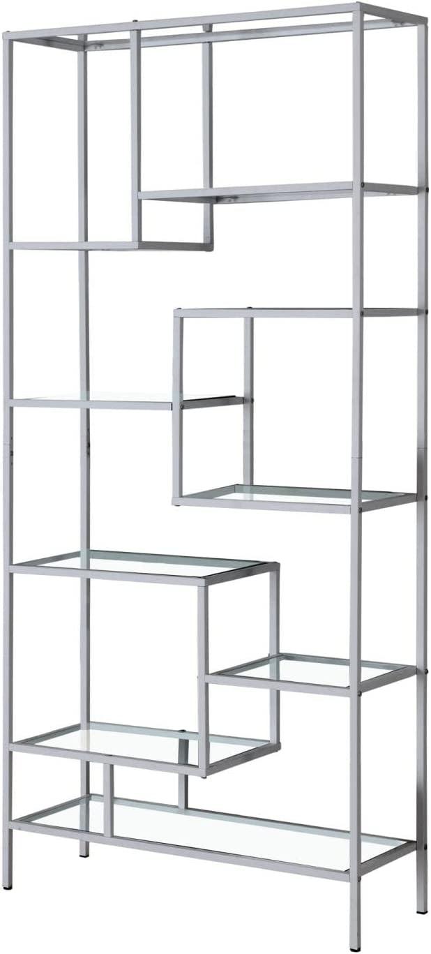 72" Silver Metal and Tempered Glass Asymmetrical Bookcase