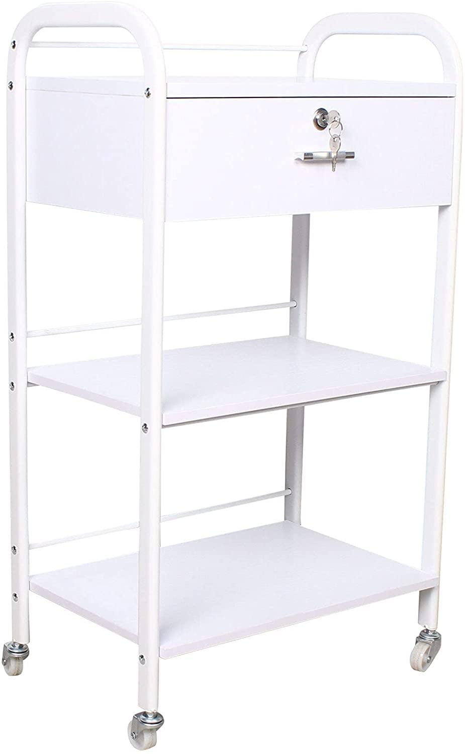 White Steel 3-Tier Rolling Utility Cart with Lockable Drawer