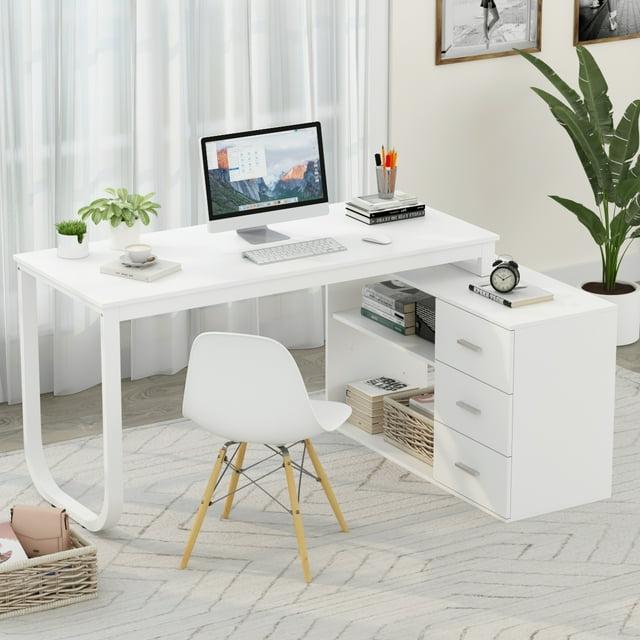 FUFU and GAGA L-Shaped Desk with 3 Drawers, White, MDF Finish