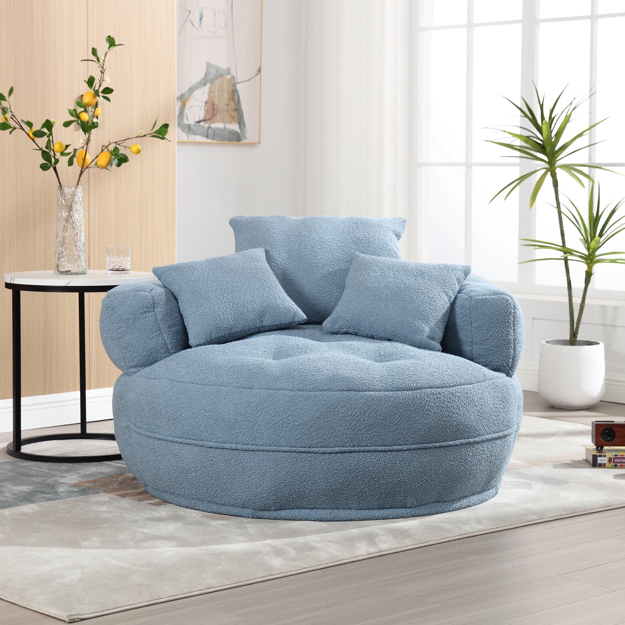 Light Blue Boucle Upholstered Tufted Barrel Chair with Pillows