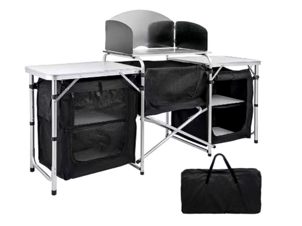 MPM 6' Aluminum Portable Fold-Up Camping Kitchen with Windscreen and 5 Enclosed Cupboards, Cook Station, for BBQ, Camping, Picnic, Backyard