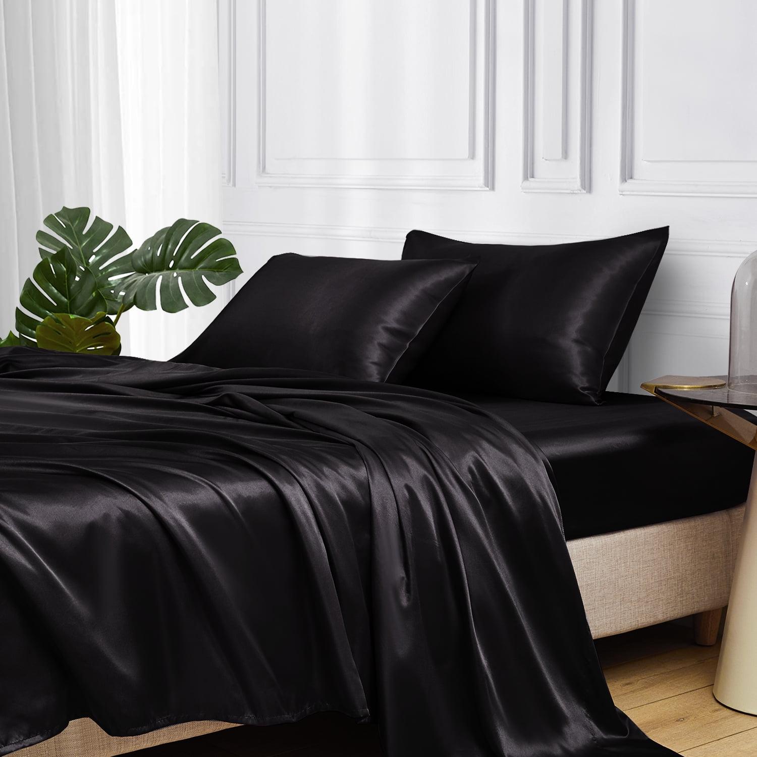 MR&HM Satin Sheet Set Full 4 Pcs, Silky Elegant Luxurious Full Size Bed Sheets, with Flat Sheet, Deep Pocket Fitted Sheet for Mattress and Matching Satin Pillow Cases (Full Size, Black)