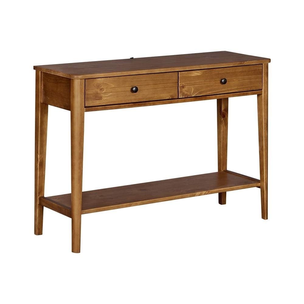 Honey Brown Mid Century Pine Wood Console Table with Storage