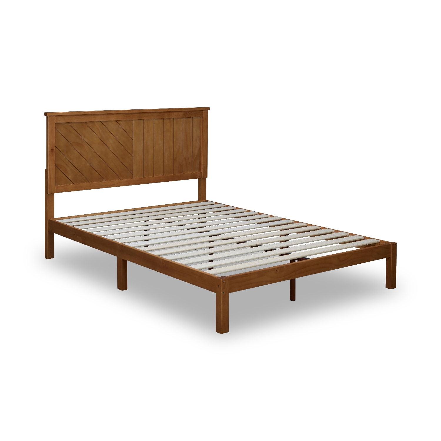 Rustic Pine Finish Solid Wood Queen Platform Bed with Headboard