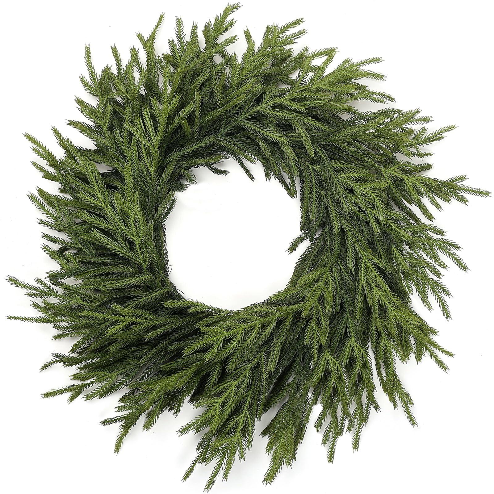 MUYIER 24" Real Touch Norfolk Pine Wreath for Front Door Artificial Christmas Wreath Green Faux Pine Wreath