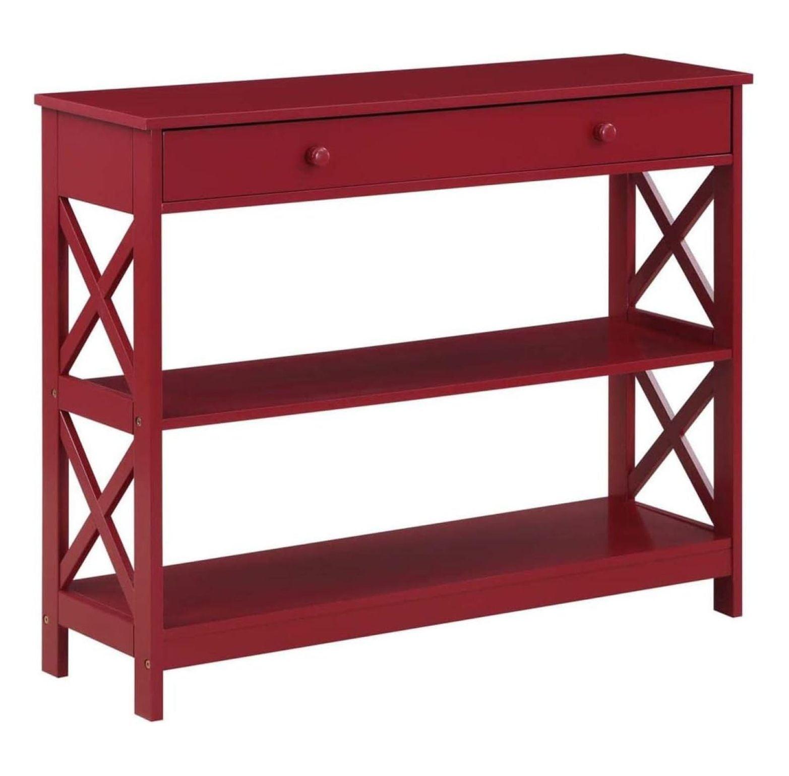 Oxford One-Drawer Console Table with Shelves in Cranberry Red Wood Finish