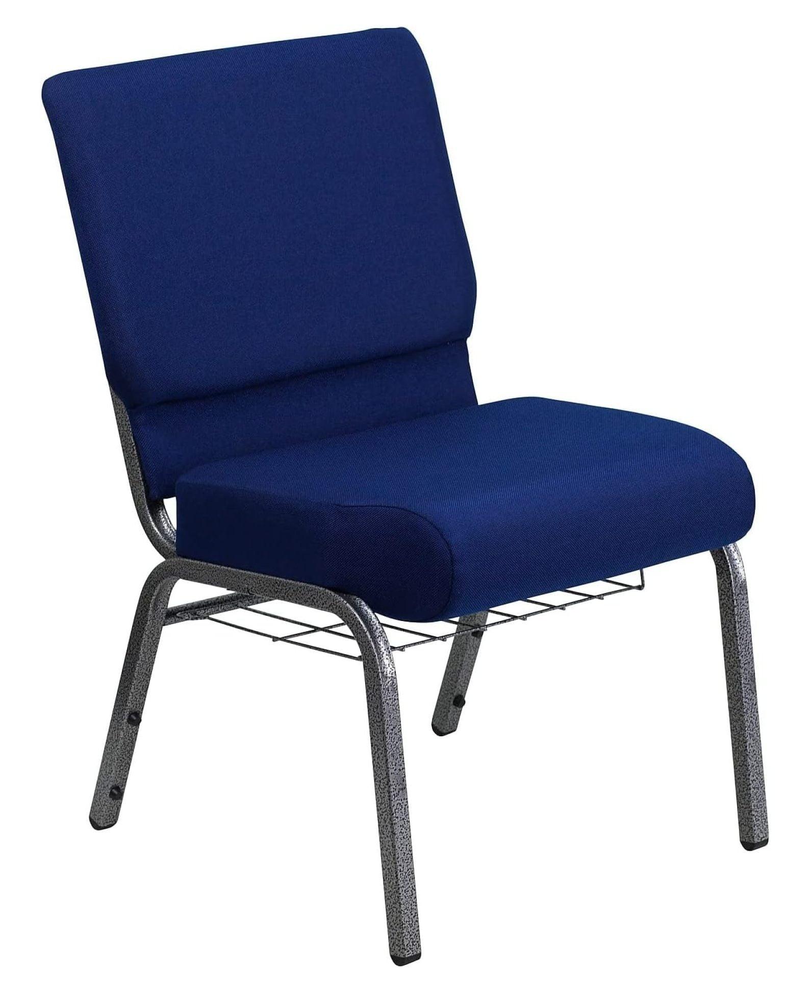 Navy Blue Fabric Stacking Chair with Silver Steel Frame and Book Rack