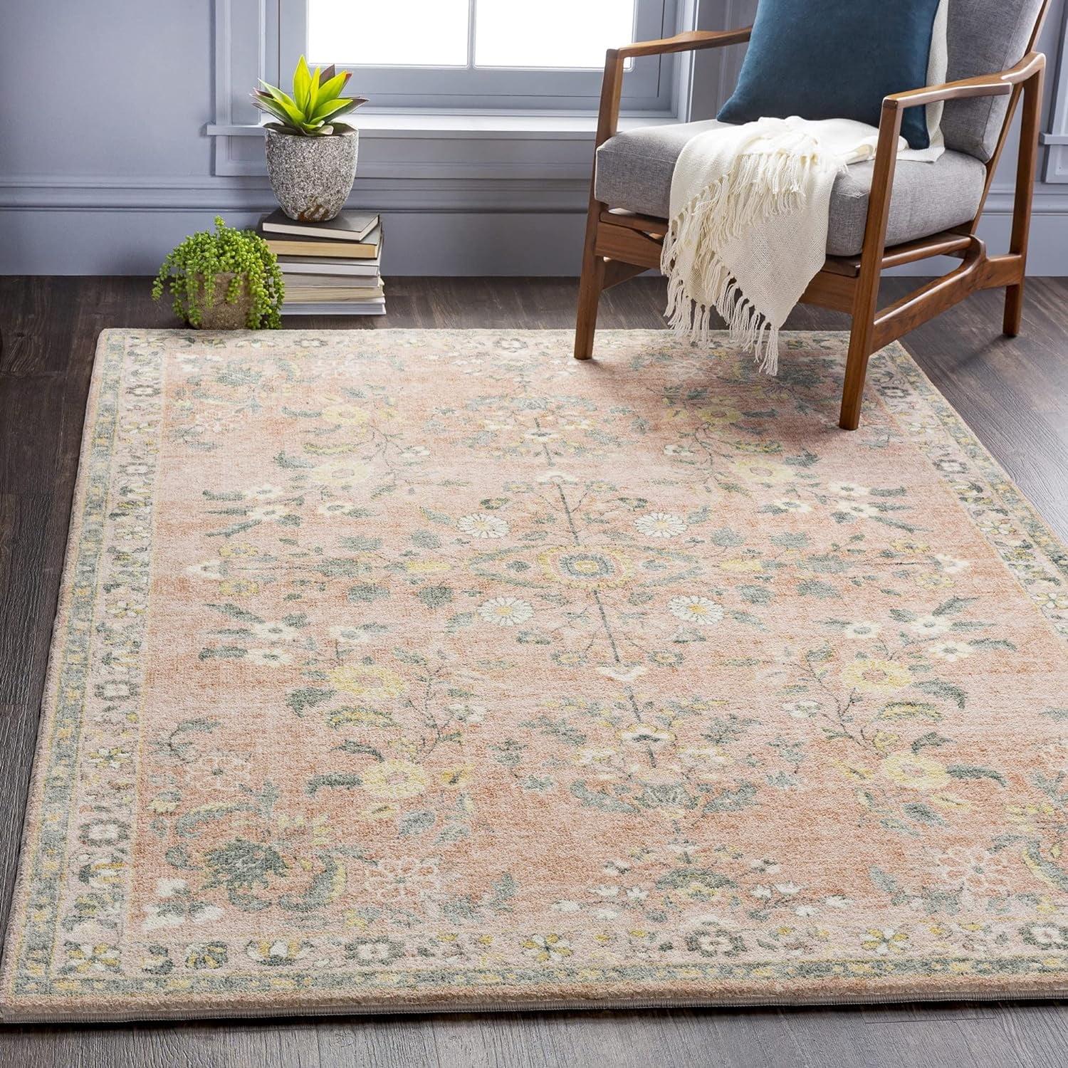 Pale Pink Floral Synthetic 5' x 7' Area Rug