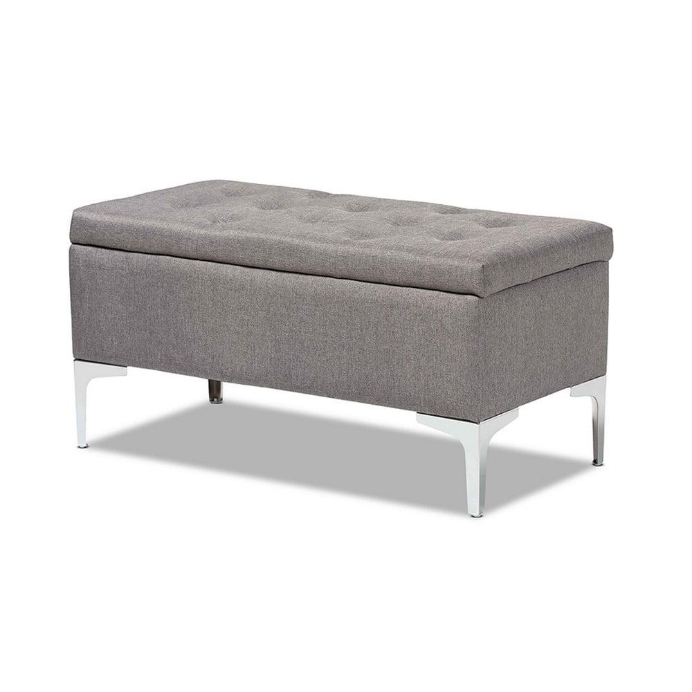 Mabel 36" Tufted Grey Fabric and Silver Metal Storage Ottoman