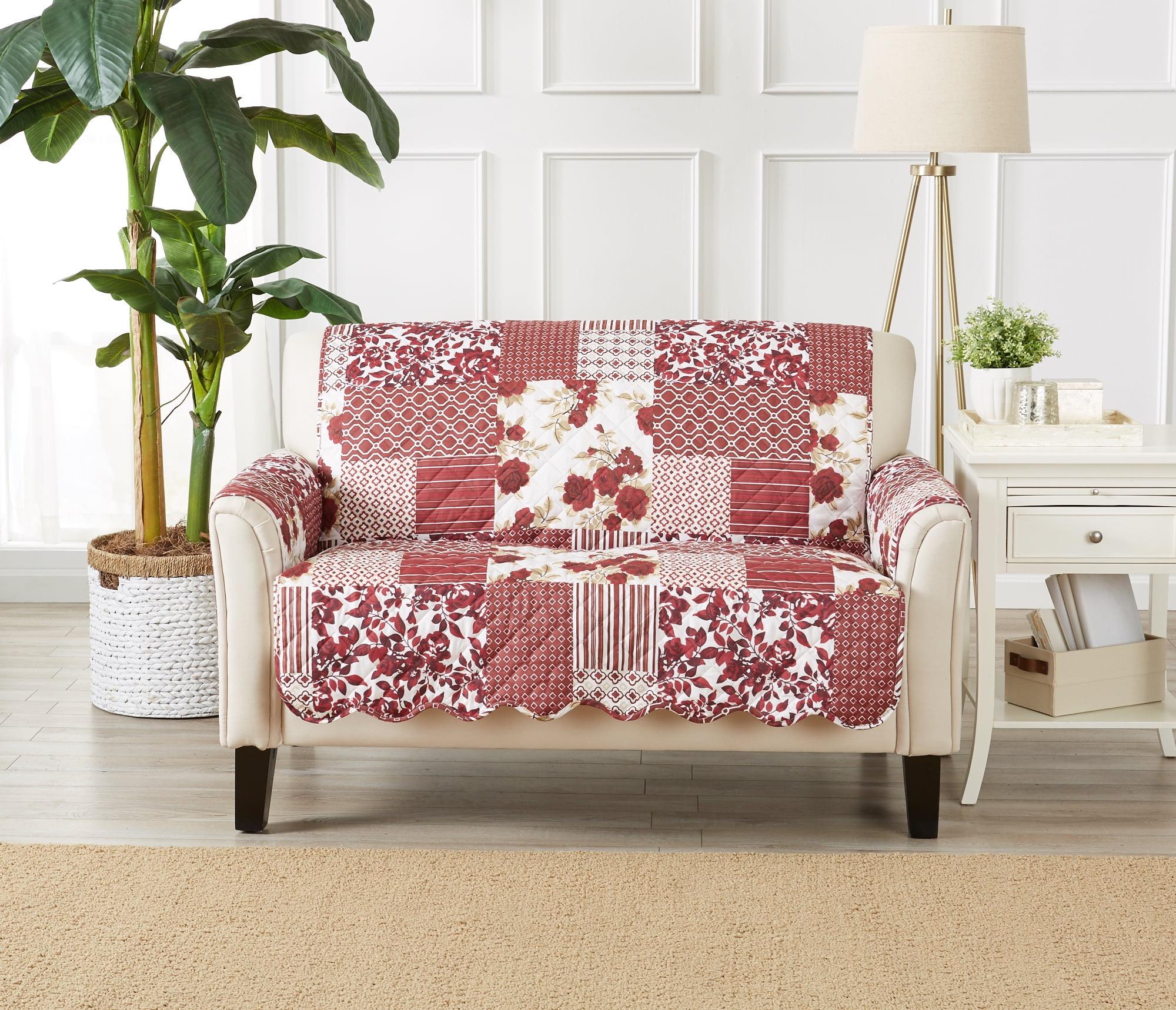 Reversible Stitched Patchwork Sofa Furniture Protector - Great Bay Home(Loveseat, Burgundy)