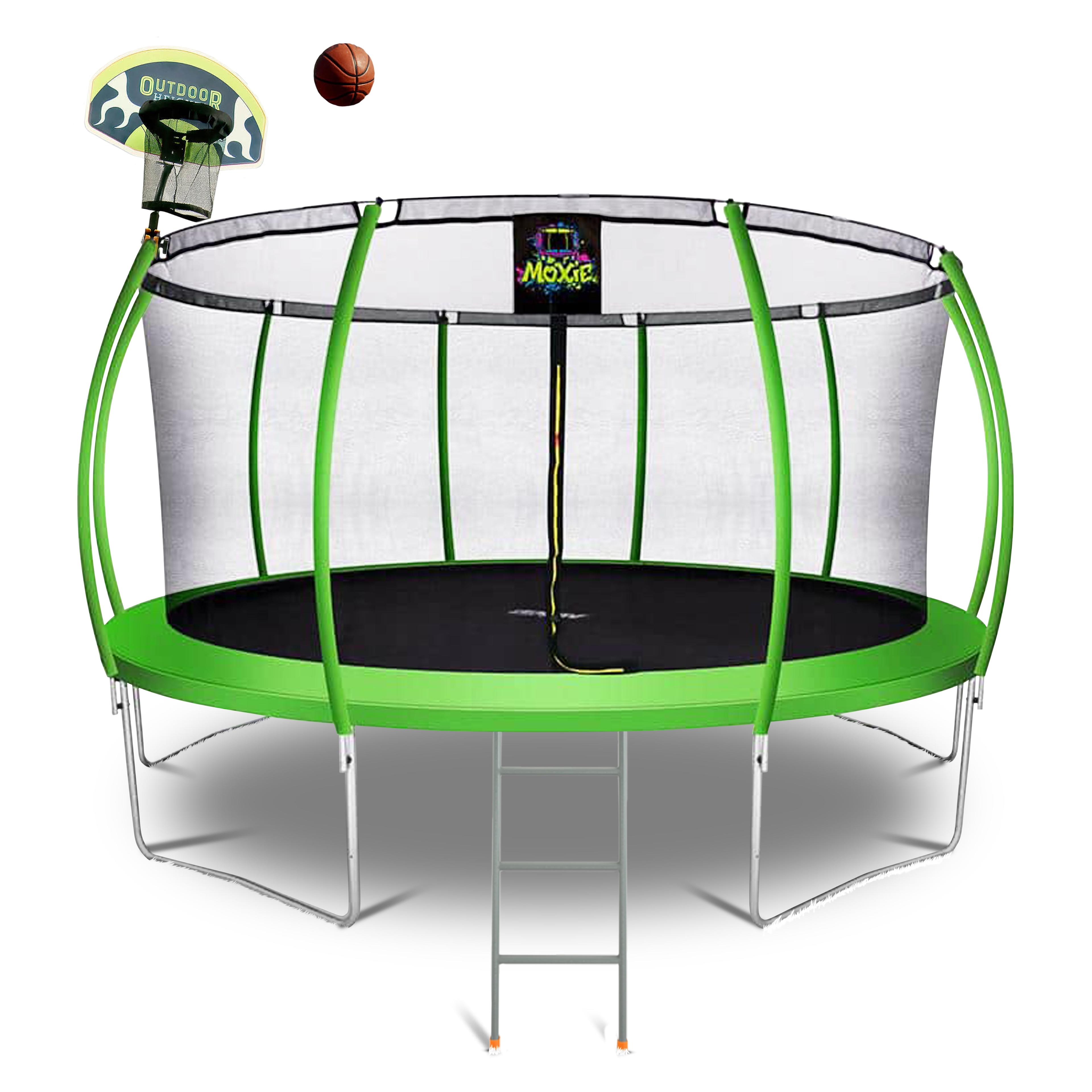 Moxie 15 FT Outdoor Trampoline Set w/ Safety Enclosure, includes Basketball Hoop with Ball & Pump & Ladder