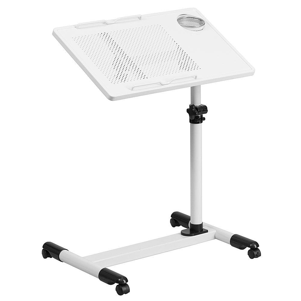 SwivelTop White Adjustable Steel Mobile Desk with Cup Holder