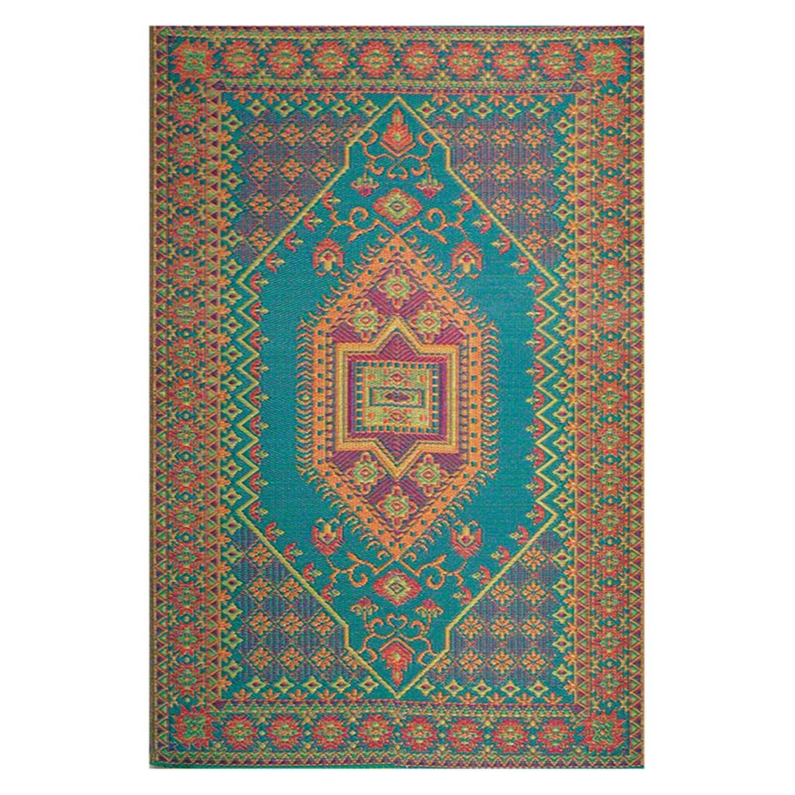 Turkish Aqua and Yellow Reversible Synthetic Outdoor Rug 6' x 9'