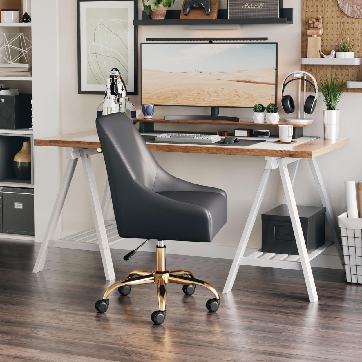 Gray and Gold Leather Swivel Office Chair