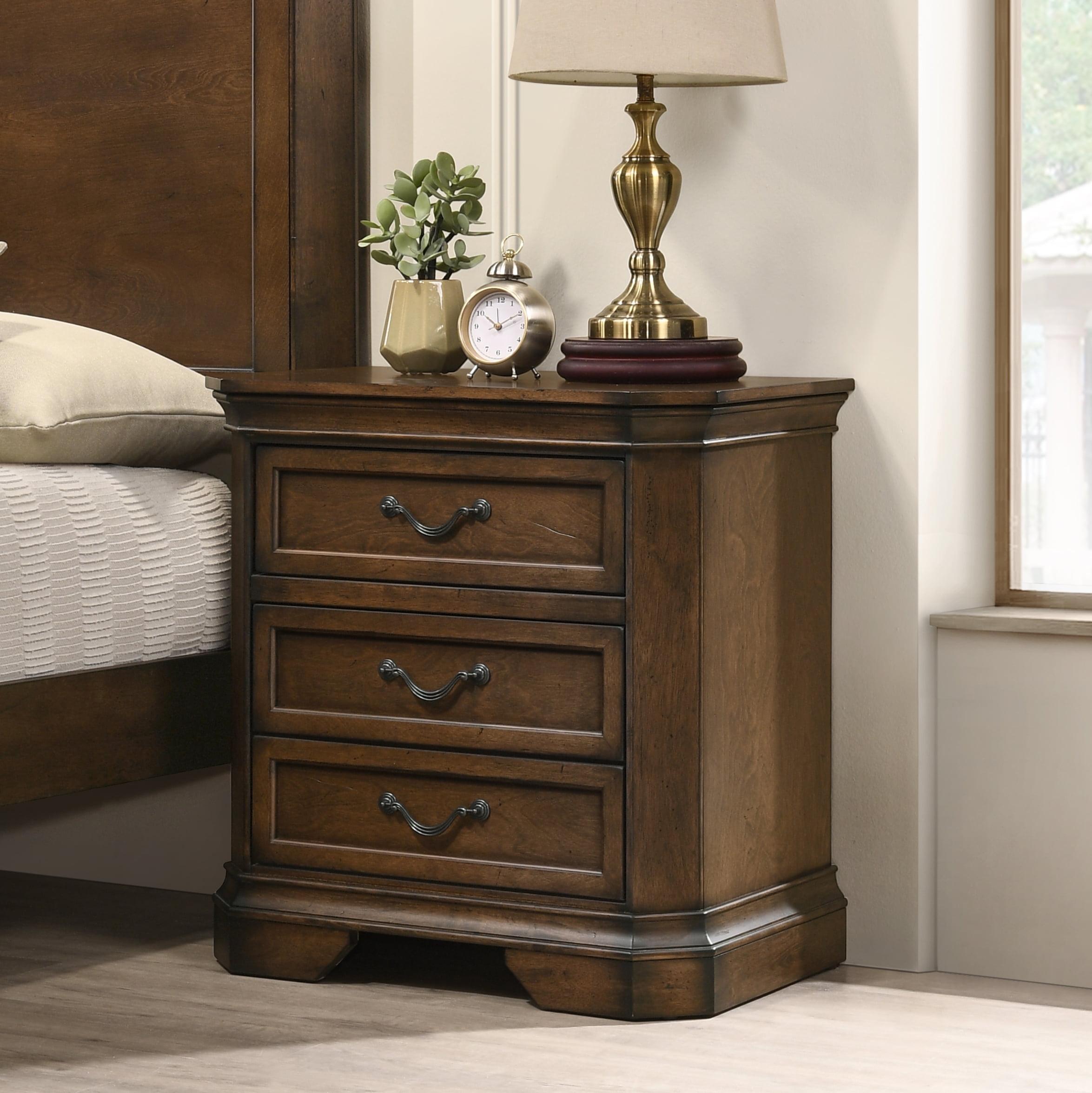 Antique Walnut 3-Drawer Solid Wood Nightstand