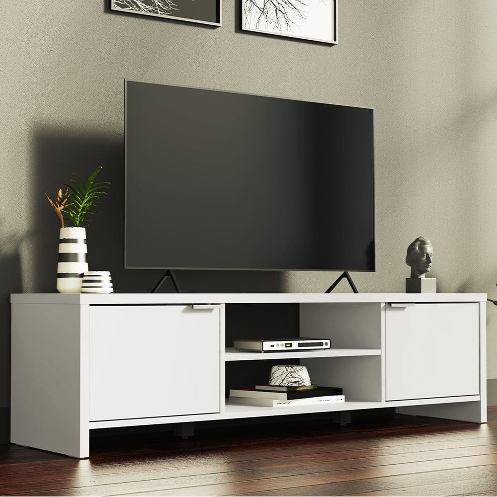 White Engineered Wood TV Stand with Cabinets and Shelves