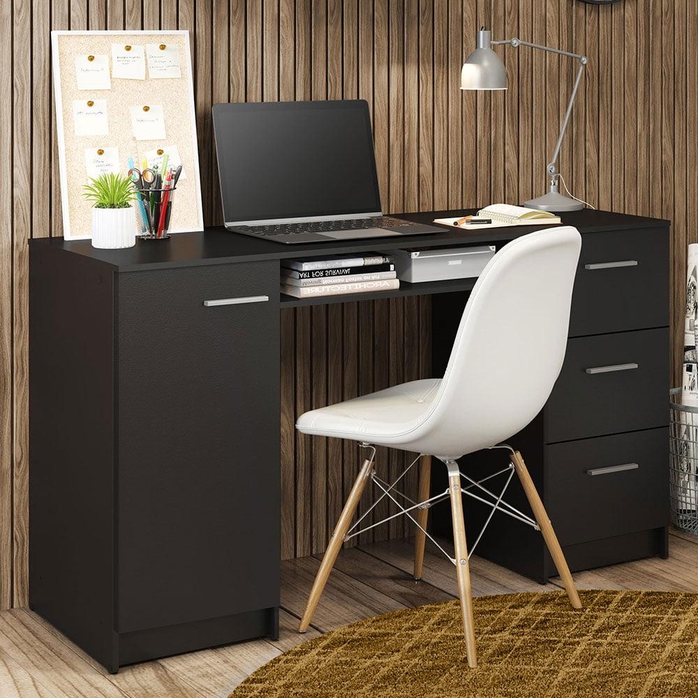 Madesa Modern Office Desk with Drawers 53 inch, Study Desk for Home Office, PC Table with 3 Drawers, 1 Door and 1 Storage Shelf (Black)