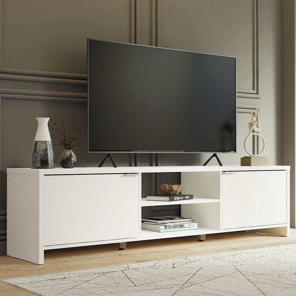 White Modern Wooden TV Stand with Cabinets for 75 Inch TVs