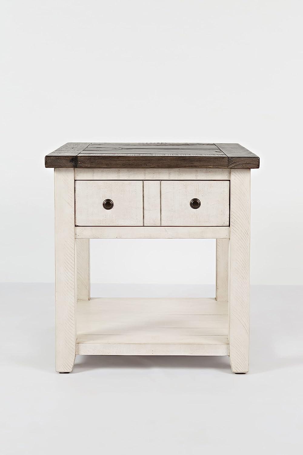 Vintage White Rustic Square End Table with Storage