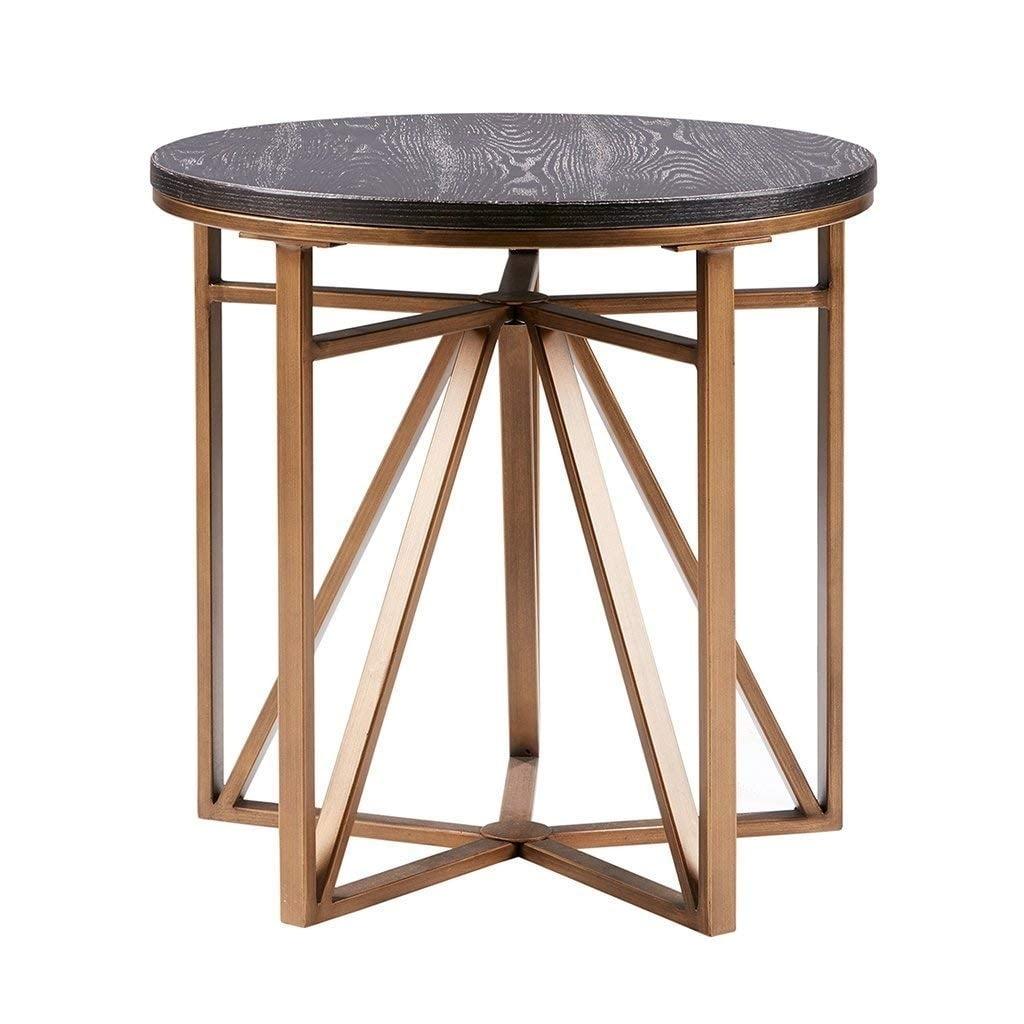 Small Round Dark Wood and Bronze Accent Table