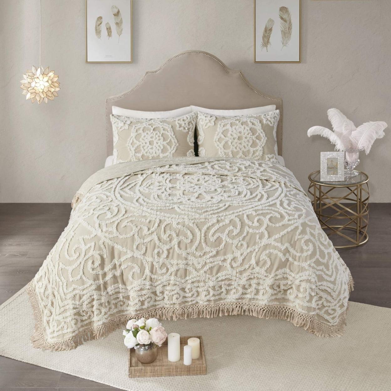 Laetitia Tufted Chenille Cotton Medallion Fringe Coverlet Set