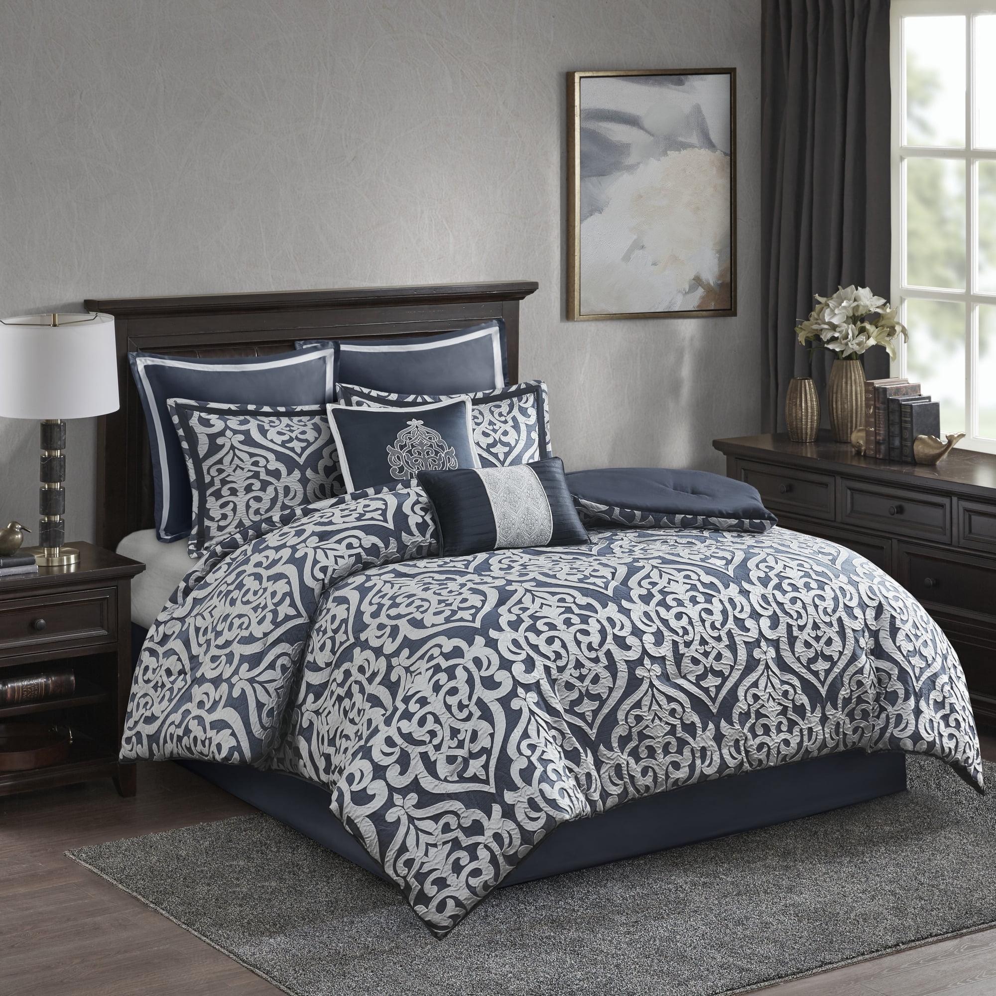 Navy and Silver King Microfiber 8-Piece Comforter Set