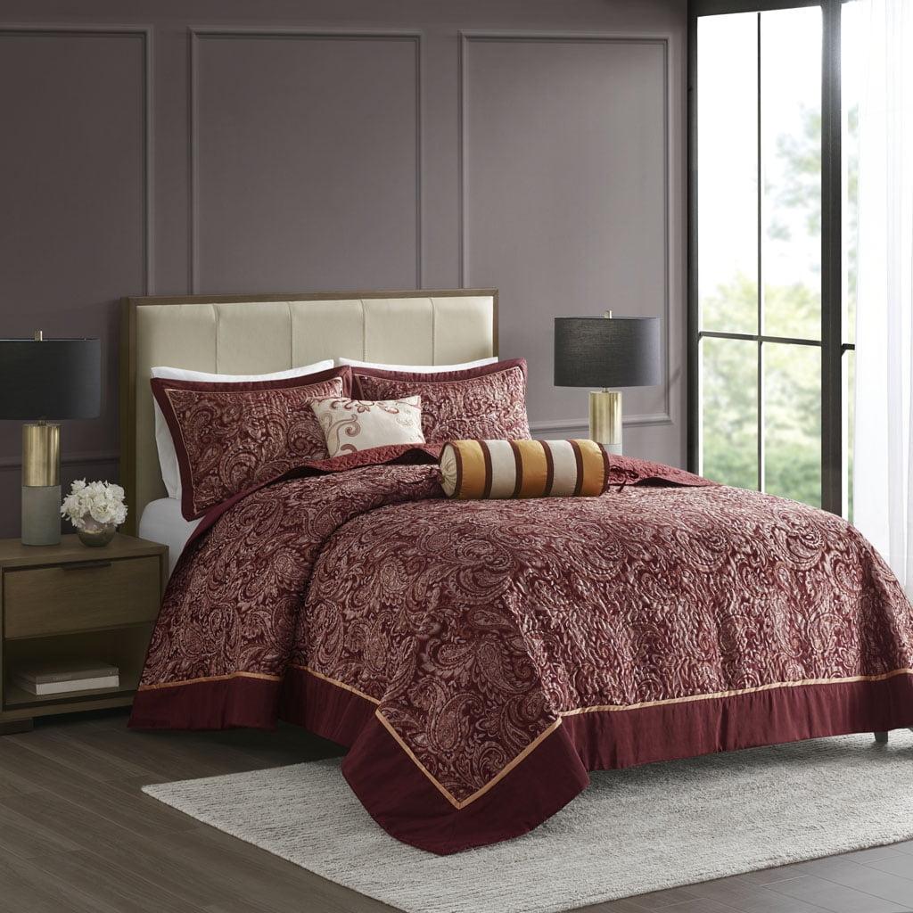 Madison Park 5pc King Whitman Reversible Jacquard Bedspread Set Burgundy: Embroidered, Traditional Style