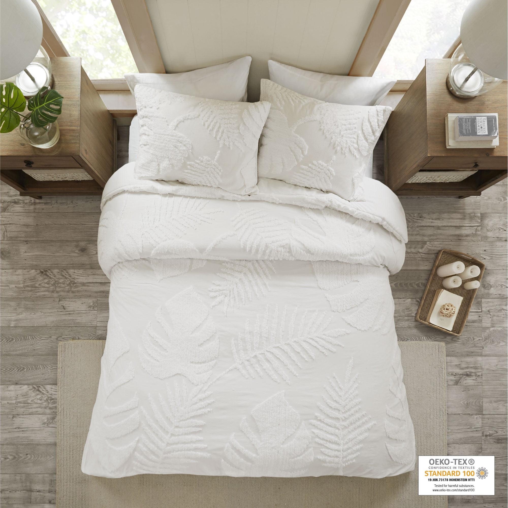 Full/Queen White Cotton Chenille Palm Duvet Cover Set