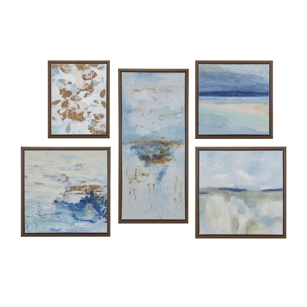 Blue Horizon 5-Piece Abstract Canvas Wall Art Set with Bronze Frame