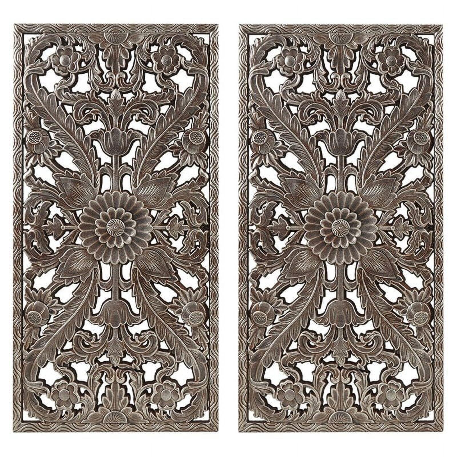 2pc Botanical Carved Wall Decor Panel Set Bronze - Madison Park: MDF Antique Finish, Vertical Orientation