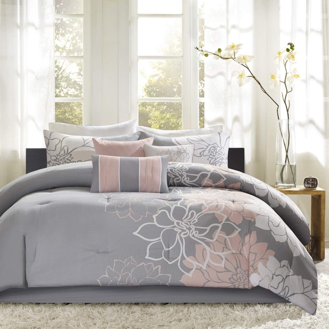 California King Gray and Blush Floral Cotton Comforter Set