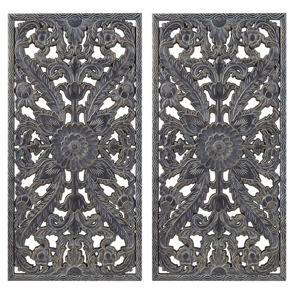 Antique Blue Carved Botanical MDF Wall Panel Set