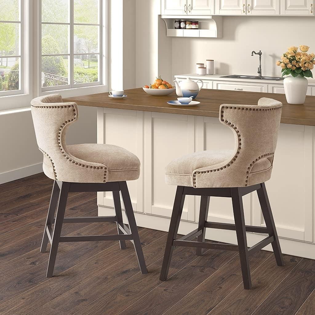 Elegant Beige Fabric and Dark Coffee Wood Swivel Counter Stool