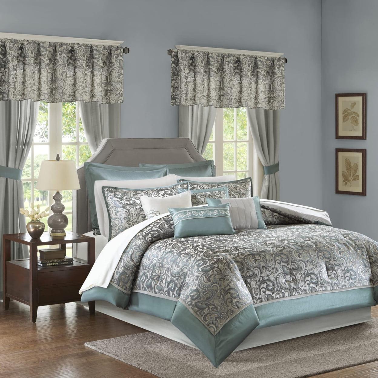 Teal and Gray Floral Motif California King Bedding Set