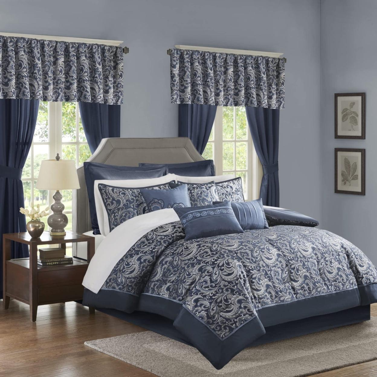 Navy Microfiber King 24-Piece Jacquard Bedding Set