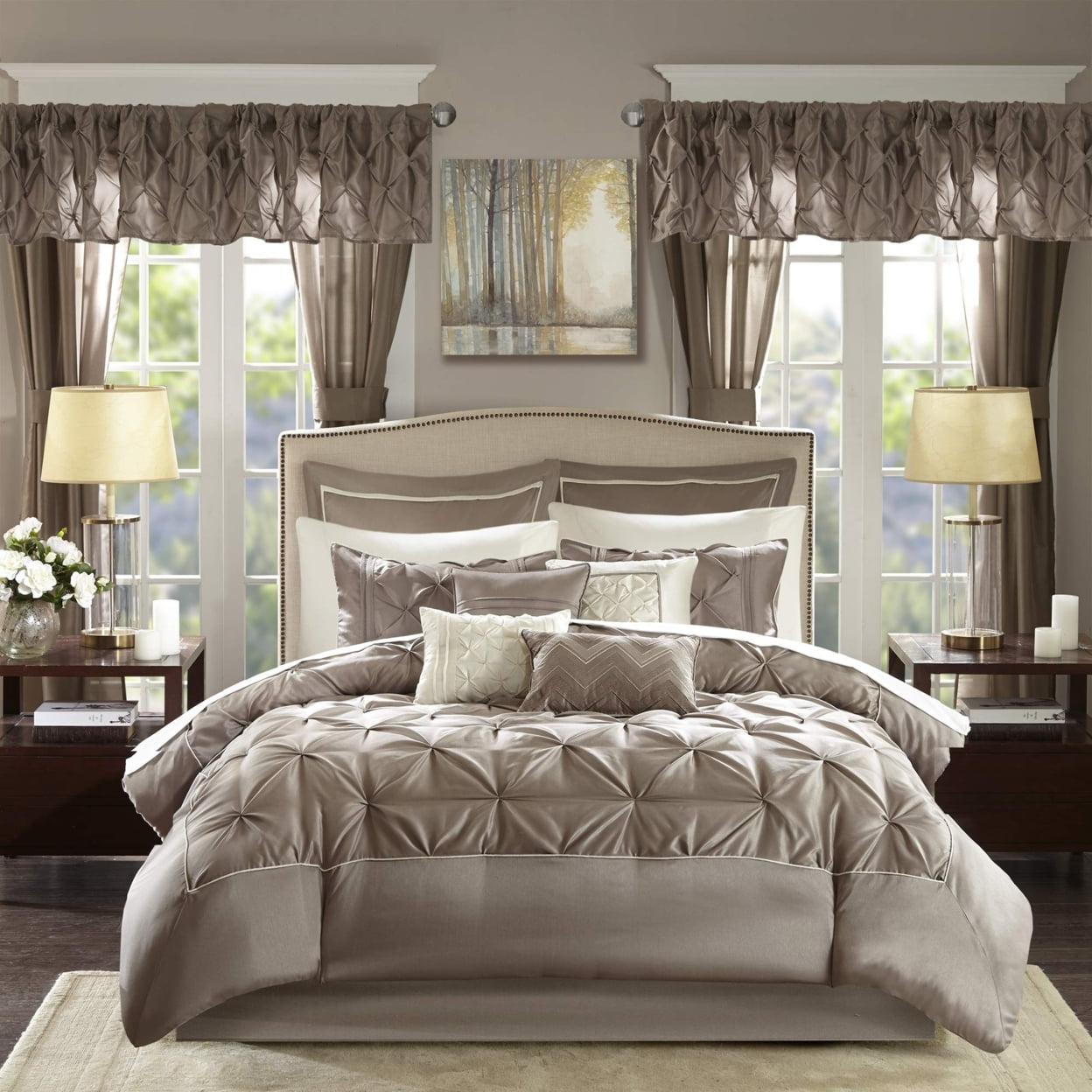 Taupe Queen Microfiber 24-Piece Bedding Set with Tufted Details