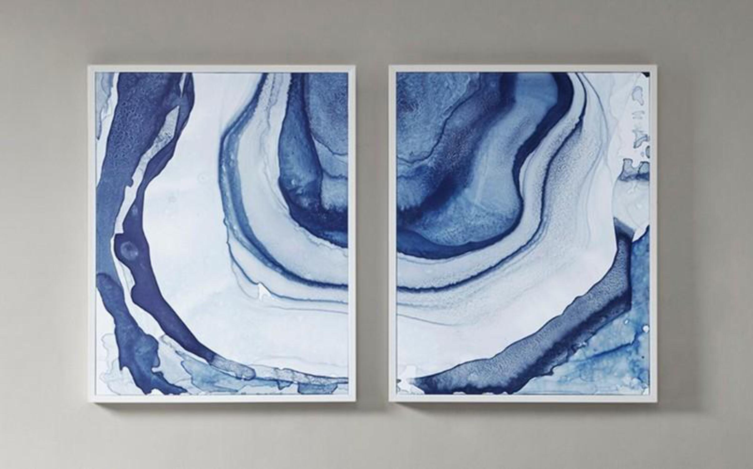 Ethereal Blue Abstract Canvas Wall Art Set with White Frame